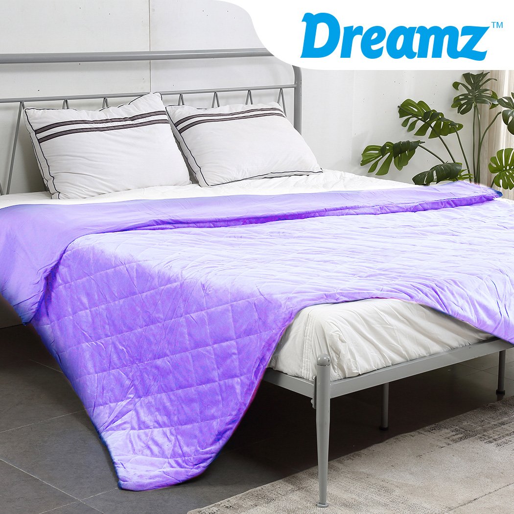 DreamZ 121x91cm Anti Anxiety Weighted Blanket with a soft bamboo cover in purple color, showcasing its reversible design and plush texture.